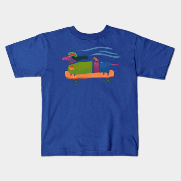 Hot Dog - Wiener Dachshund riding a skateboard with bird Kids T-Shirt by Kathy Osborne Studio